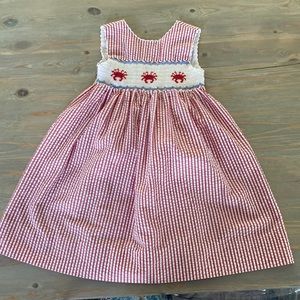 Girls red and white Seersucker smocking dress with crab print size 4